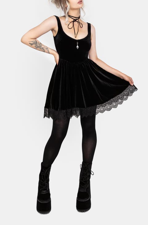 Orbweb Lace Hem Velour Mini Dress