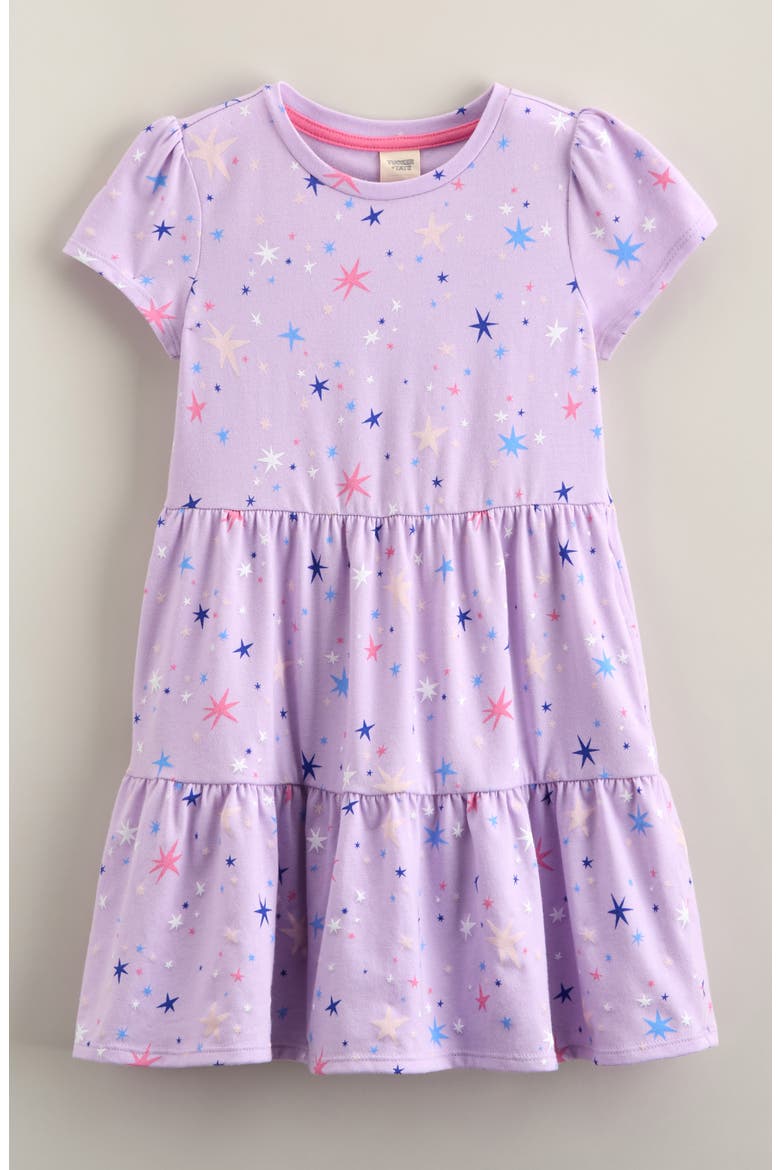 Kids' Short Sleeve Tiered Dress, Main, color, PURPLE BLOOM STARSHINE