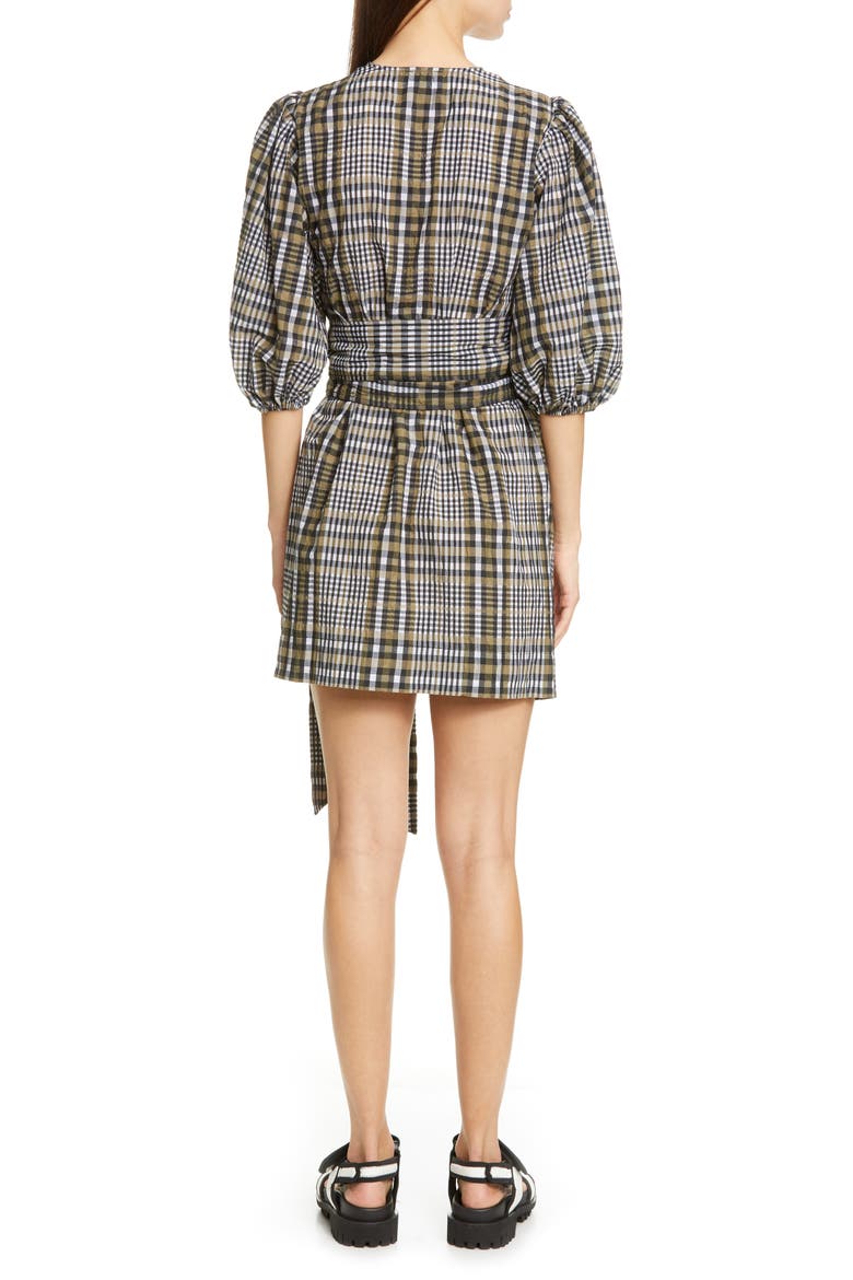 Check Seersucker Puff Sleeve Wrap Dress, Alternate, color, KALAMATA