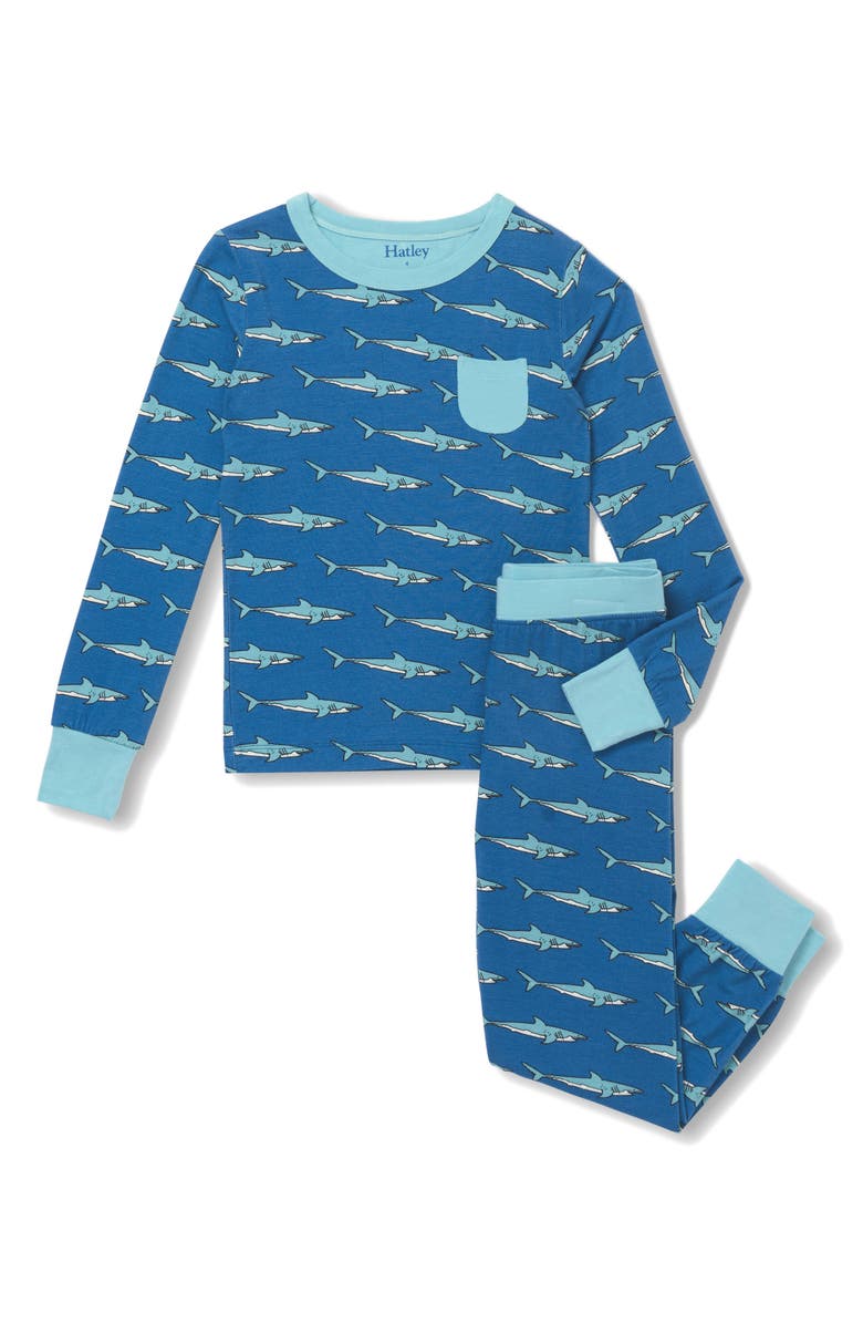 Hatley Kids' Shark Tank Bam Fitted Two-Piece Pajamas, Main, color, Blue