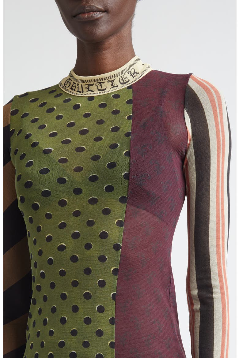 Patchwork Print Long Sleeve Mesh Body-Con Dress, Alternate, color, GREEN MULTICOLOR