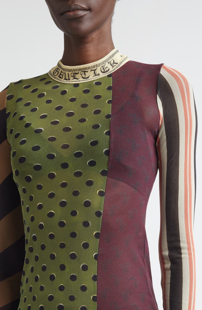 Jean Paul Gaultier Patchwork Print Long Sleeve Mesh Body-Con Dress, Alternate, color, Green Multicolor