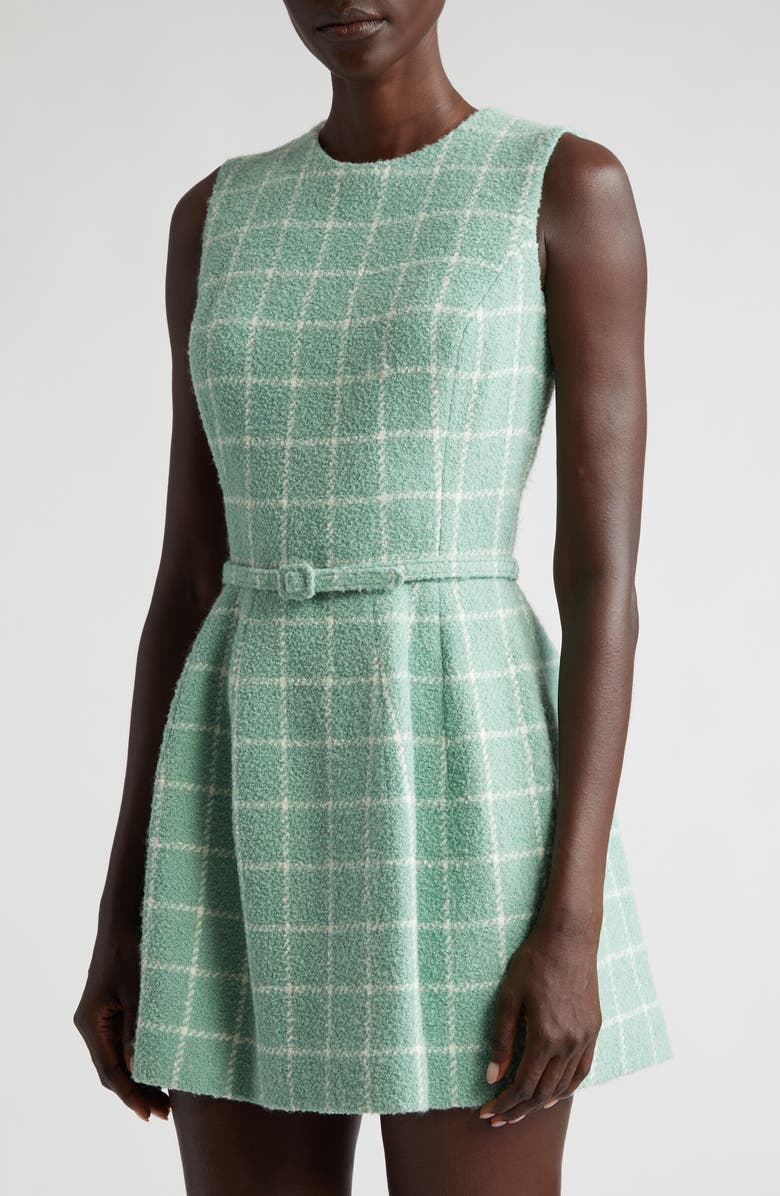 Oscar de la Renta Windowpane Plaid Belted Bouclé Tweed Dress, Alternate, color, 