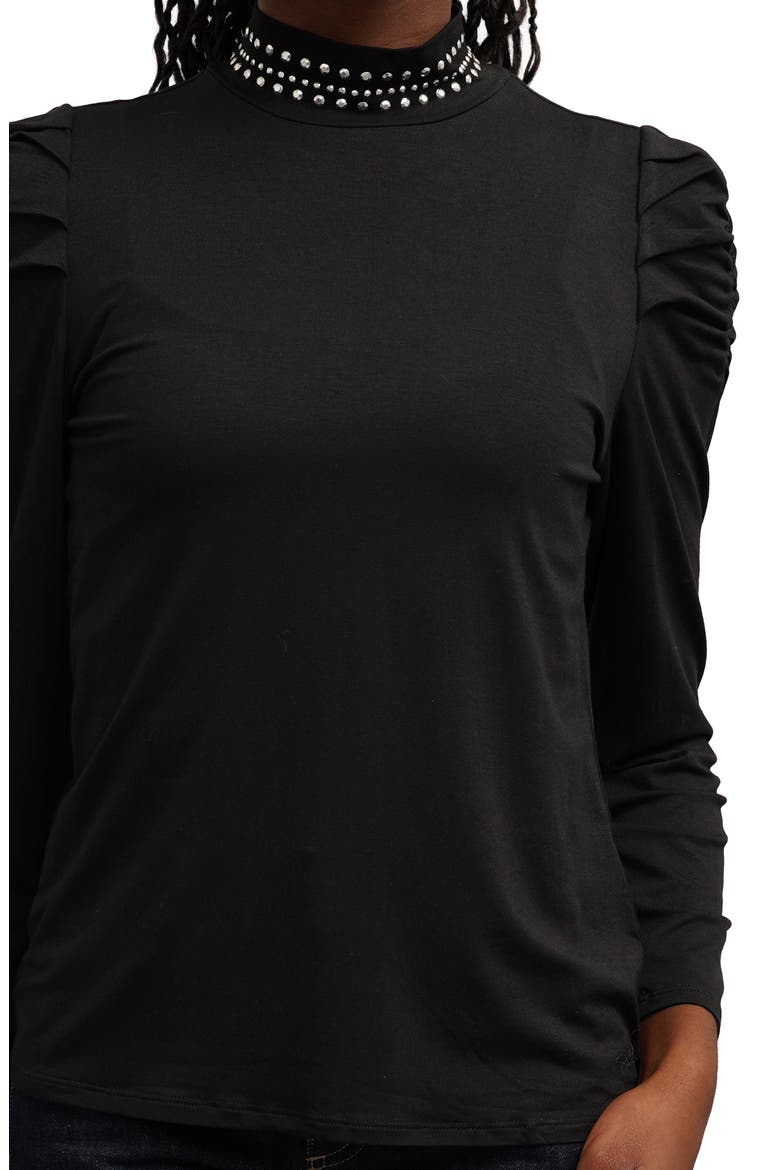 Studded Mock Neck Puff Sleeve Top, Alternate, color, BLACK