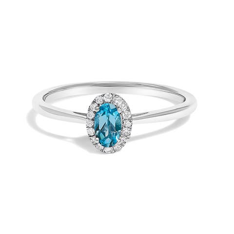 10K White Gold Oval and Diamond Accent Halo Birthstone Ring