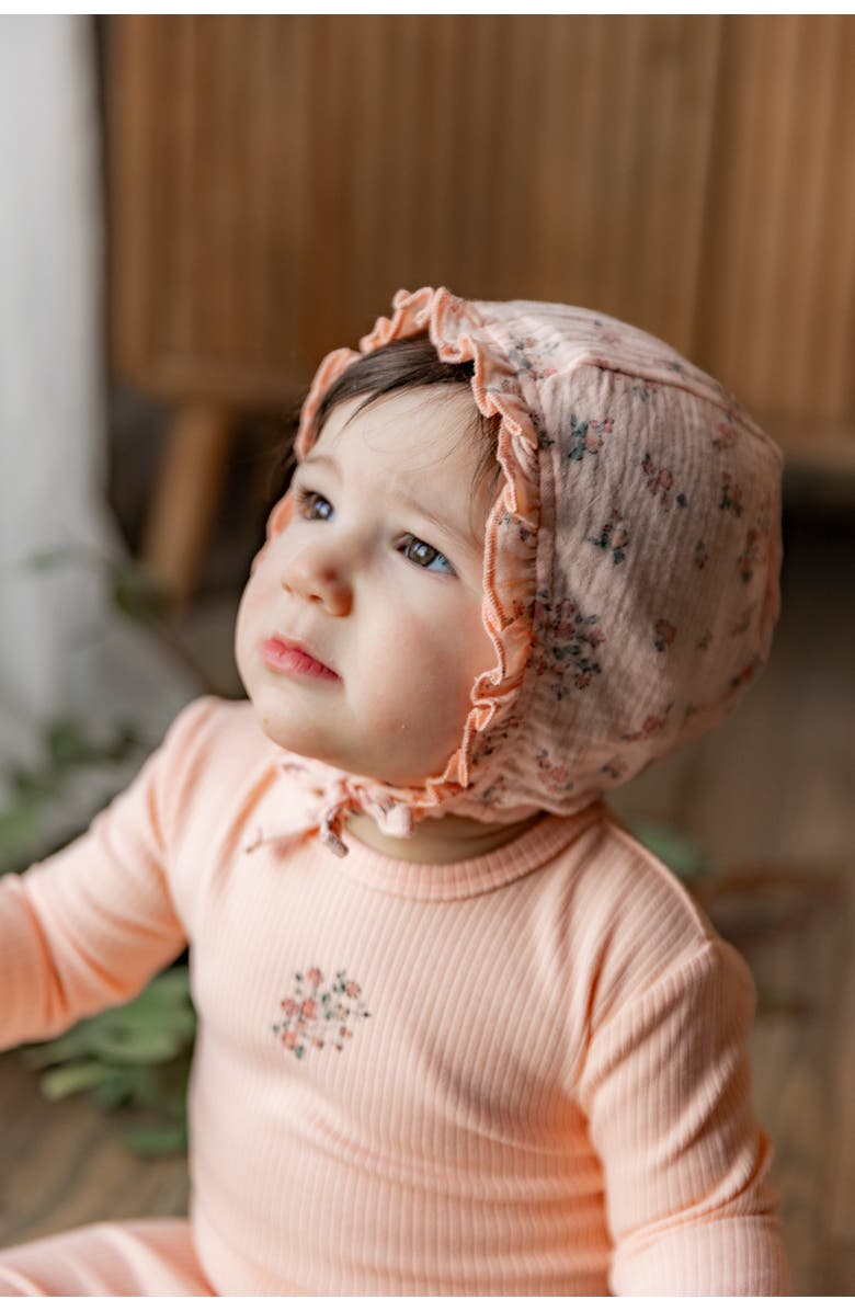 Space Grey Pointelle Rib Romper and Floral Gauze Bonnet Set, Alternate, color, Pink