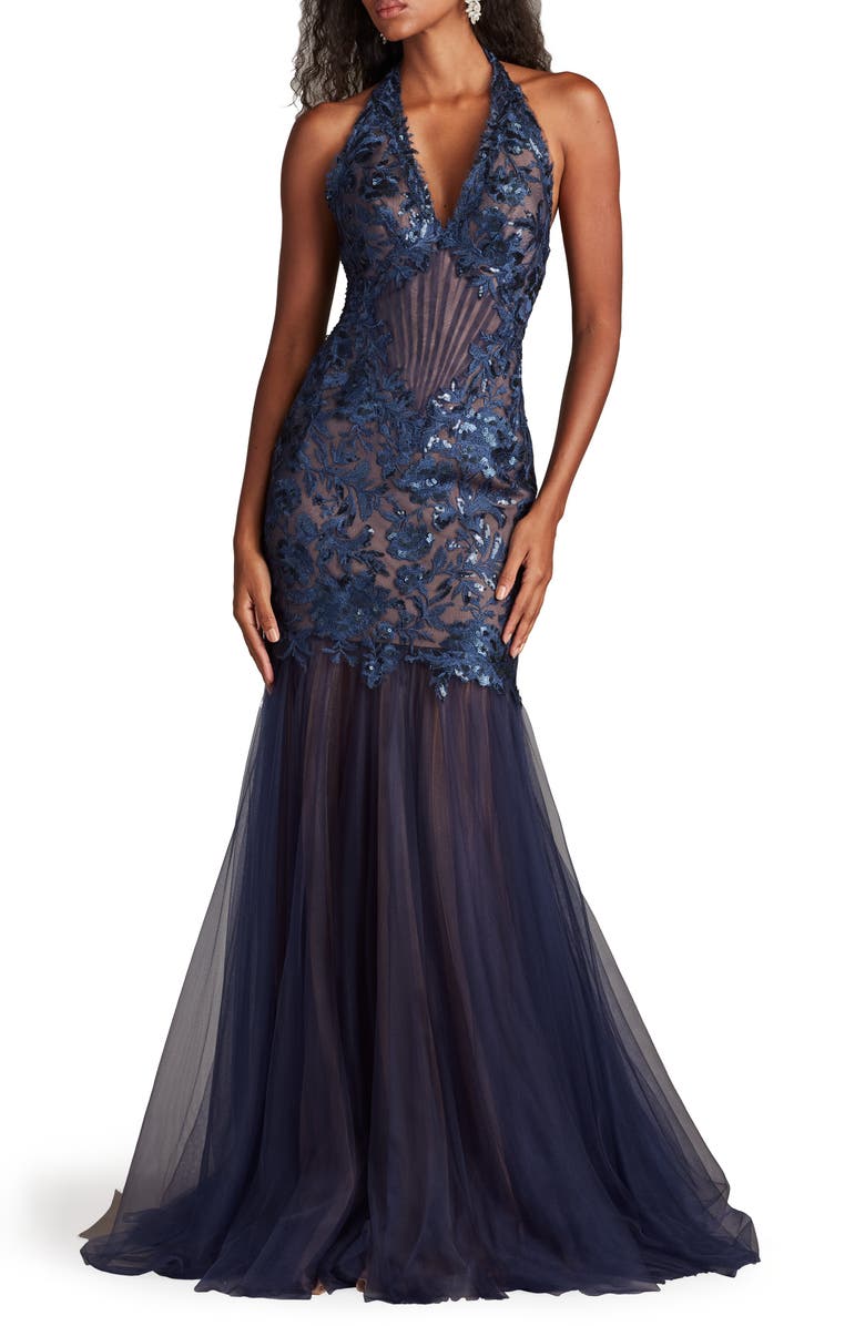 Tadashi Shoji Sequin Embroidered Halter Mermaid Gown, Main, color, Midnight