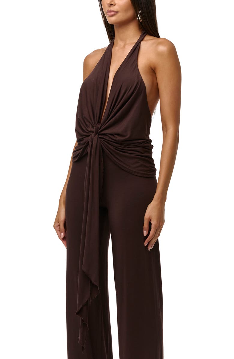 Naked Wardrobe Deep Plunge Neck Tie Front Halter Top, Alternate, color, Dark Chocolate