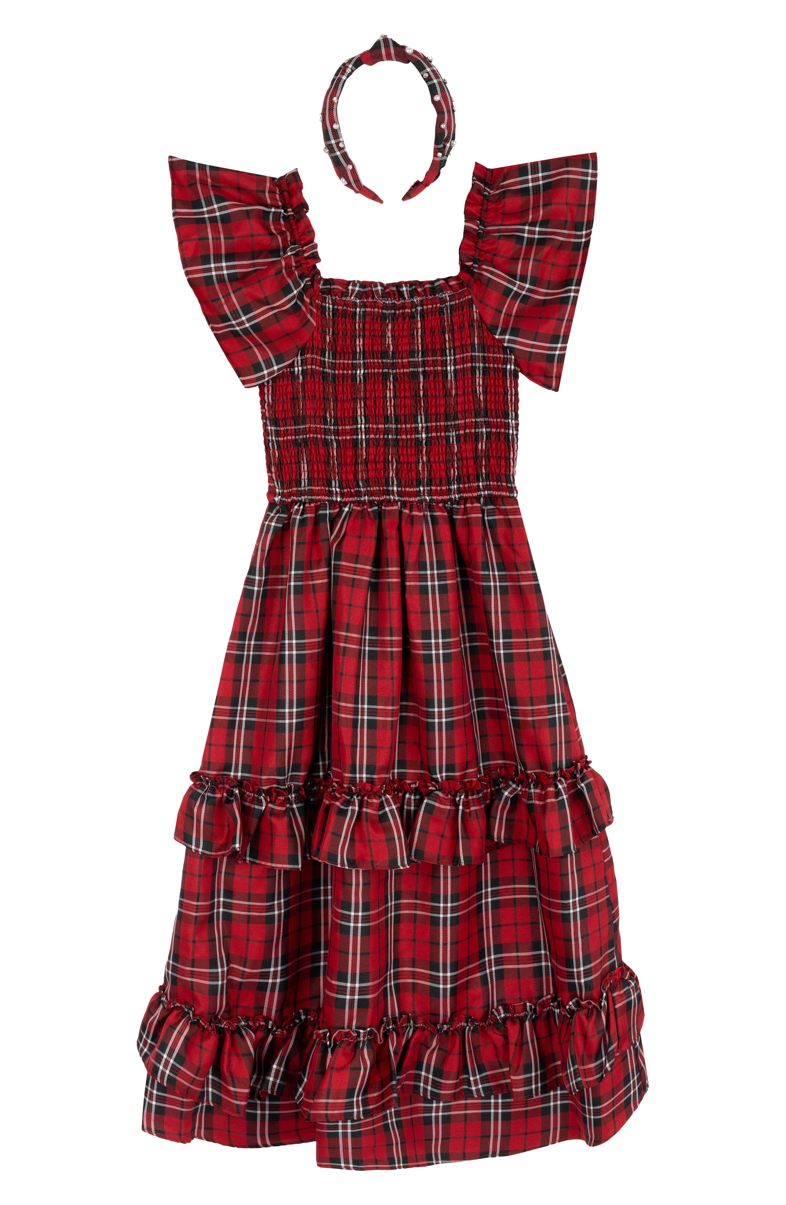 Kids' Plaid Flutter Sleeve Smocked Tiered Maxi Dress