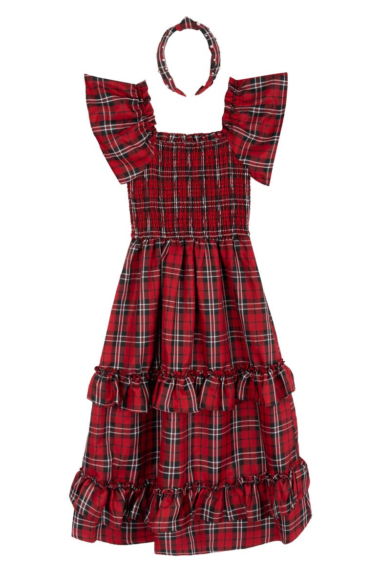Kids' Plaid Flutter Sleeve Smocked Tiered Maxi Dress, Main, color, RED
