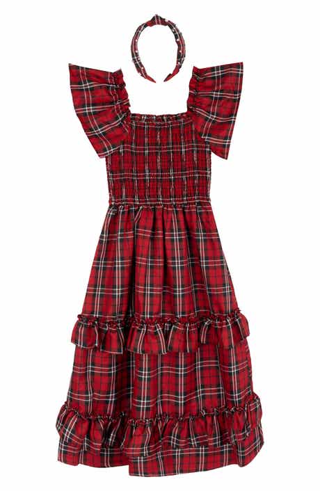 Kids' Plaid Flutter Sleeve Smocked Tiered Maxi Dress