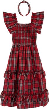Rare Editions Kids' Plaid Flutter Sleeve Smocked Tiered Maxi Dress
