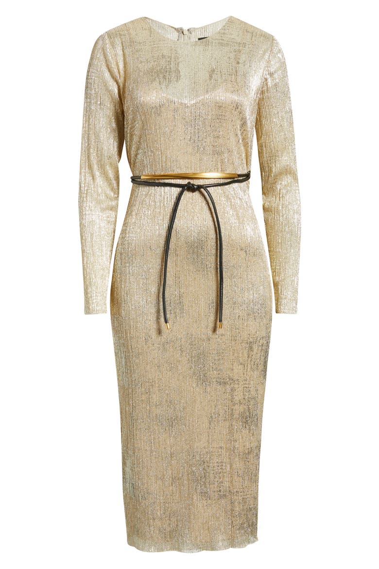 Metallic Belted Long Sleeve Mesh Midi Dress, Alternate, color, GOLD