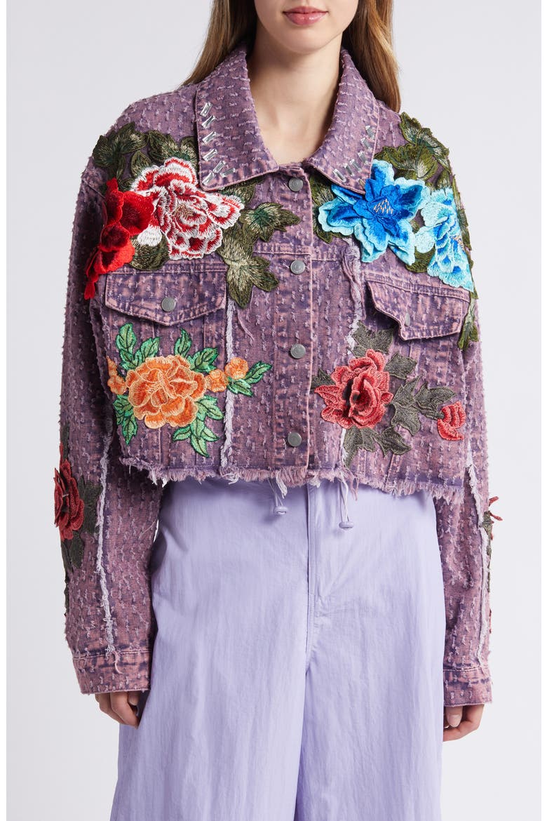Bloom Floral Appliqué Texture Denim Jacket, Main, color, PURPLE