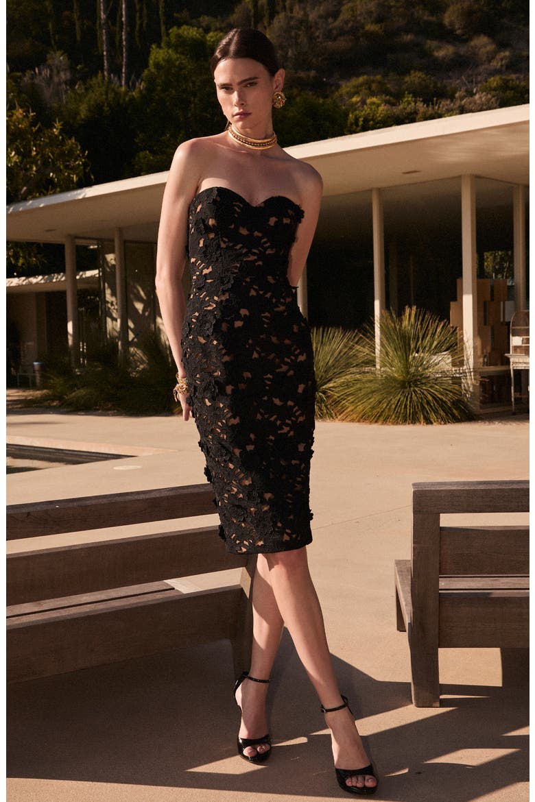 Lina Embroidered Floral Appliqué Strapless Cocktail Sheath Dress, Alternate, color, BLACK/ NUDE