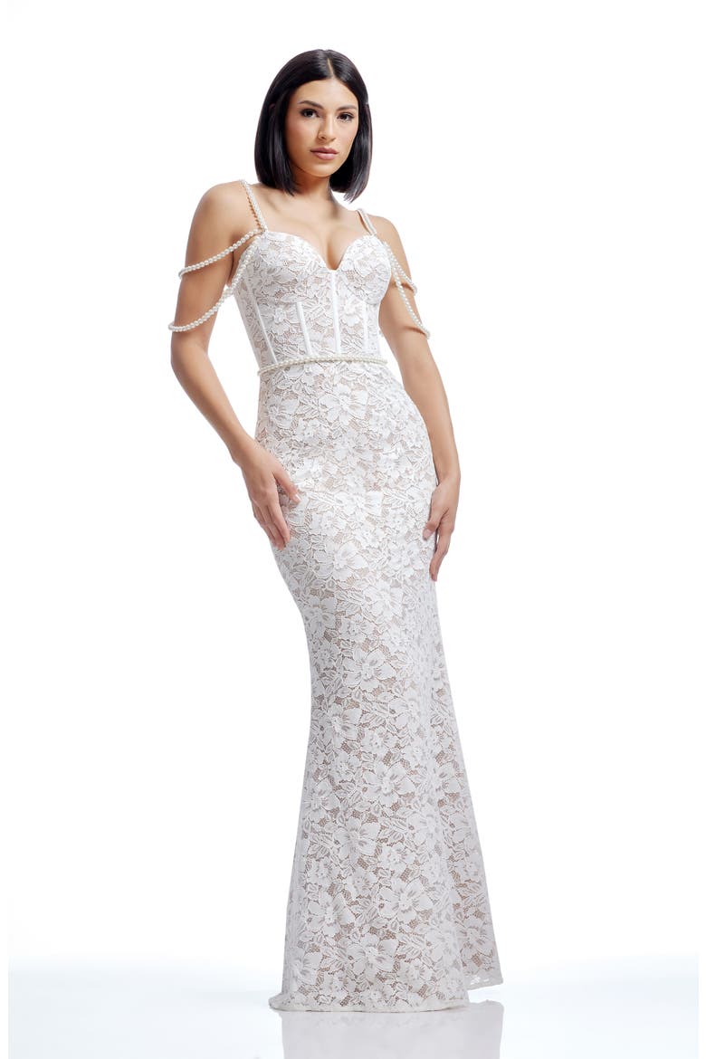 Antoinette Faux Pearl Lace Mermaid Gown, Alternate, color, WHITE-BEIGE