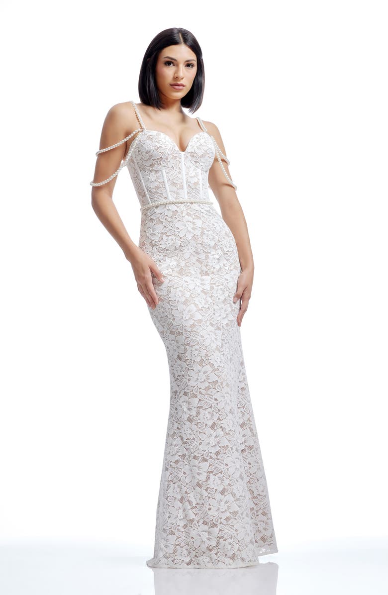 Dress the Population Antoinette Faux Pearl Lace Mermaid Gown, Alternate, color, White-Beige