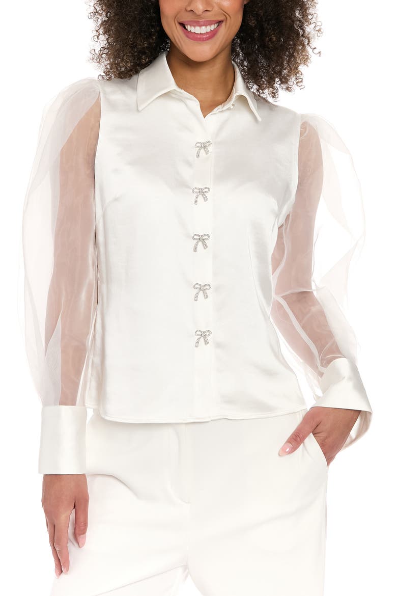 Rhinestone Bow Organza Sleeve Satin Shirt, Main, color, IVY/ WHITE