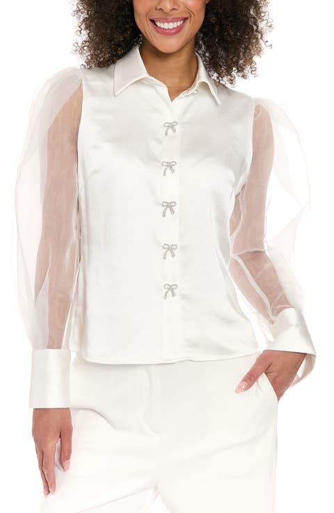 Rhinestone Bow Organza Sleeve Satin Shirt