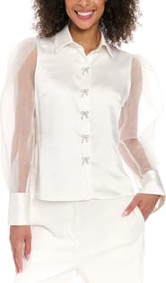 Muse Rhinestone Bow Organza Sleeve Satin Shirt