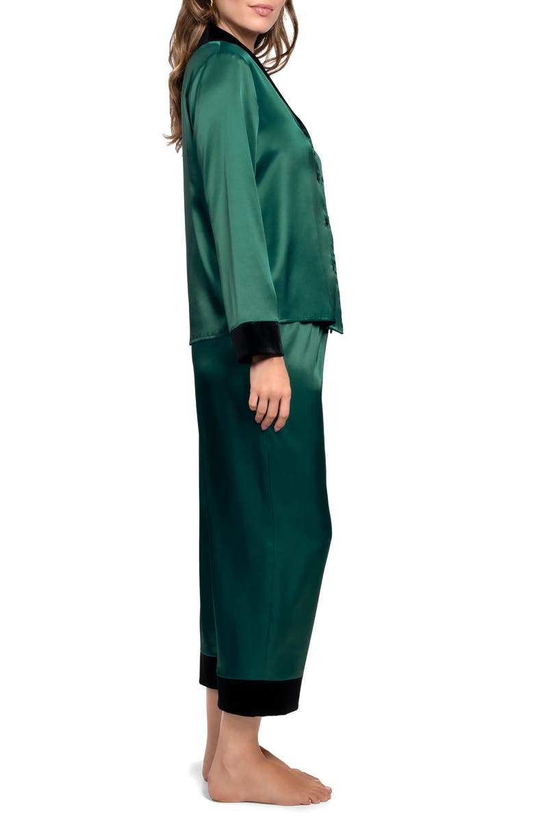 In Bloom by Jonquil Josie Velvet Trim Satin Crop Pajamas, Alternate, color, Winter Green