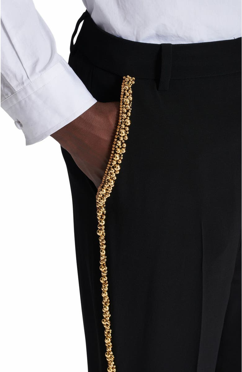 Balmain Embroidered Crepe Straight-Leg Tailored Trousers, Alternate, color, Black