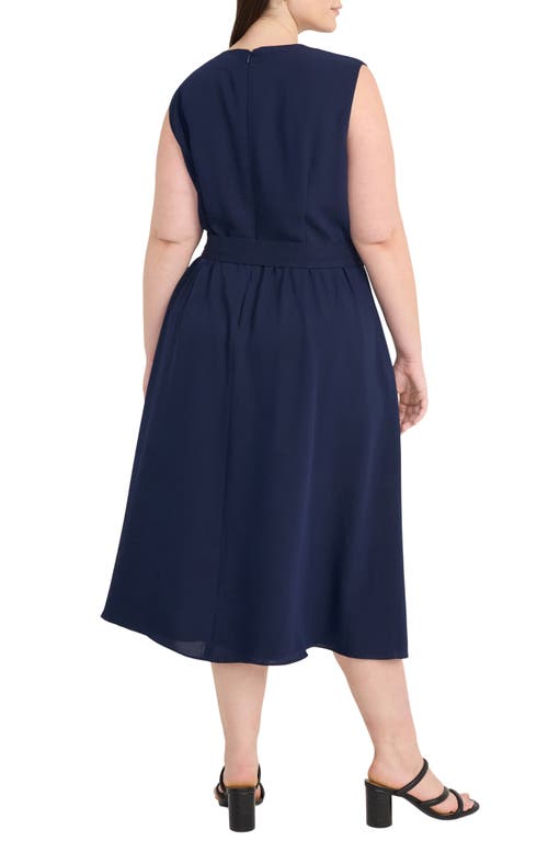 Maggy London Sleeveless Belted Midi Dress In Navy Blazer