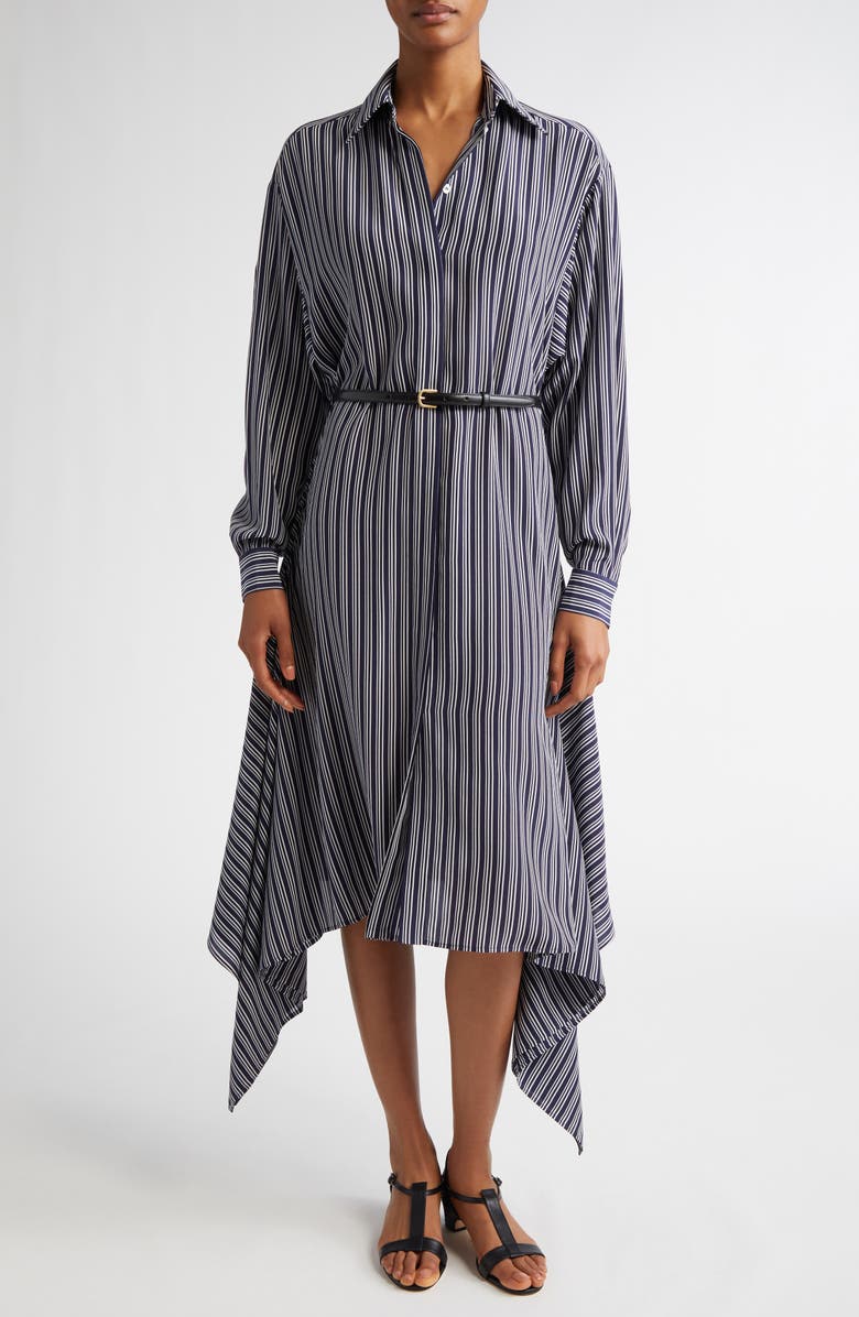 Michael Kors Collection Cascade Stripe Long Sleeve Silk Crêpe de Chine Shirtdress, Main, color, Maritime/ Optic White