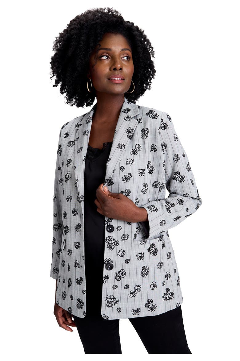 Flocked Floral Blazer, Main, color, GREY ROSE PINSTRIPE