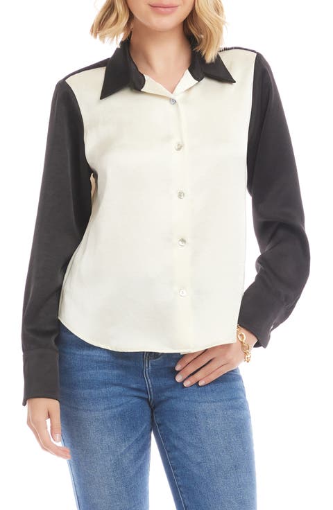 Colorblock Satin Button-Up Shirt