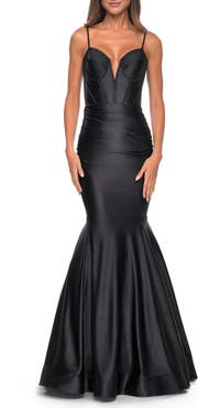 La Femme Satin Mermaid Prom Gown with Corset Top