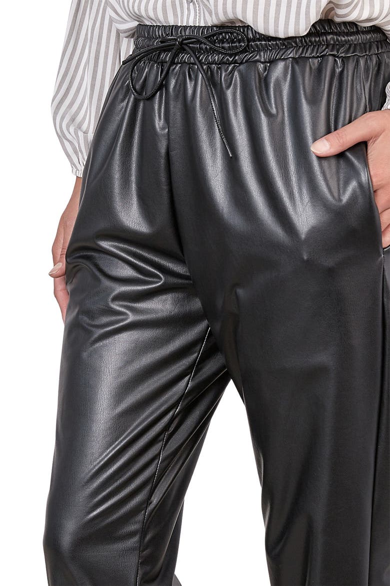 Faux Leather Drawstring Joggers, Alternate, color, BLACK