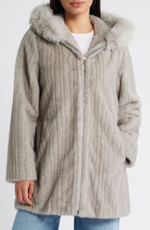 Via Spiga Grooved Faux Fur Hooded Coat in Light Grey 