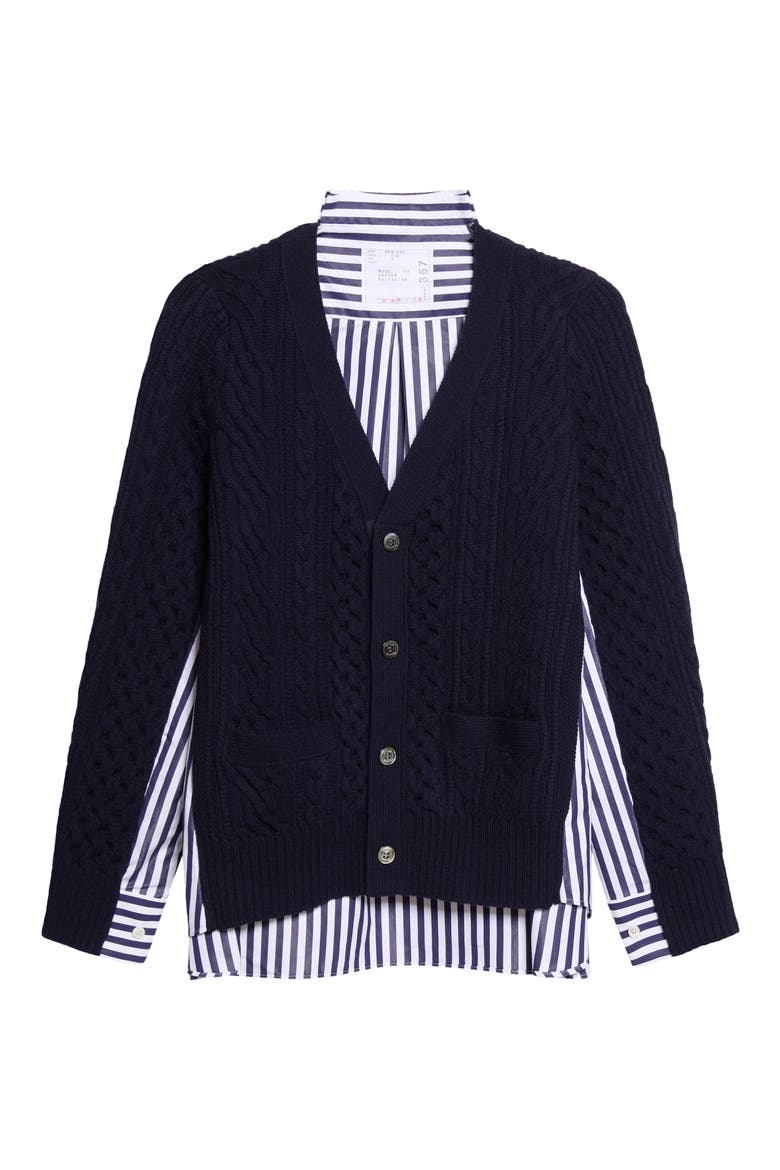 Mixed Media Wool Cable & Poplin Shirt Cardigan, Alternate, color, NAVY/ NAVY STRIPE