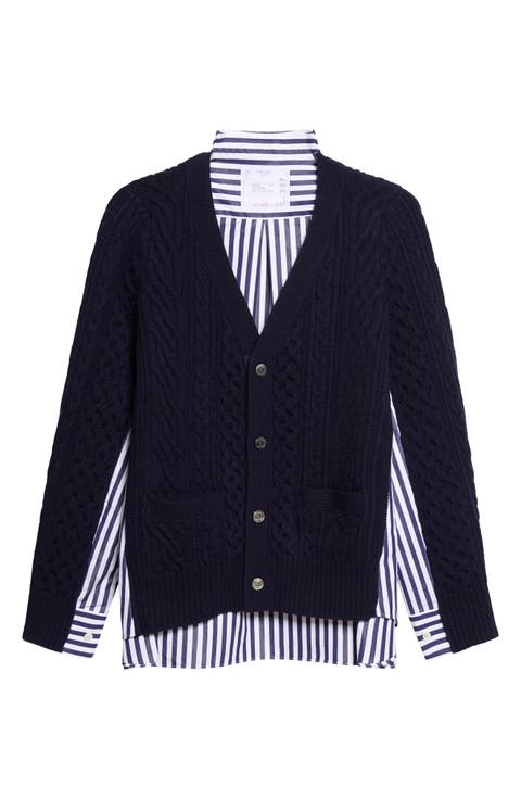 Mixed Media Wool Cable & Poplin Shirt Cardigan