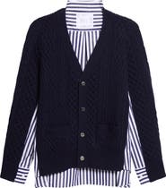 Sacai Mixed Media Wool Cable & Poplin Shirt Cardigan