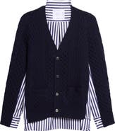 Sacai Mixed Media Wool Cable & Poplin Shirt Cardigan