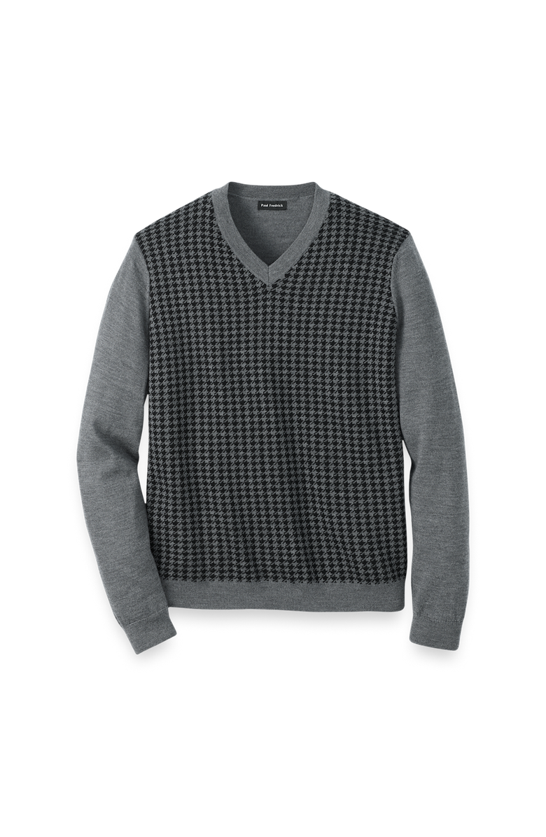 Paul Fredrick Washable Merino Wool Houndstooth V-neck Sweater, Main, color, Black/Grey