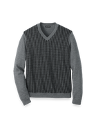 Paul Fredrick Washable Merino Wool Houndstooth V-neck Sweater