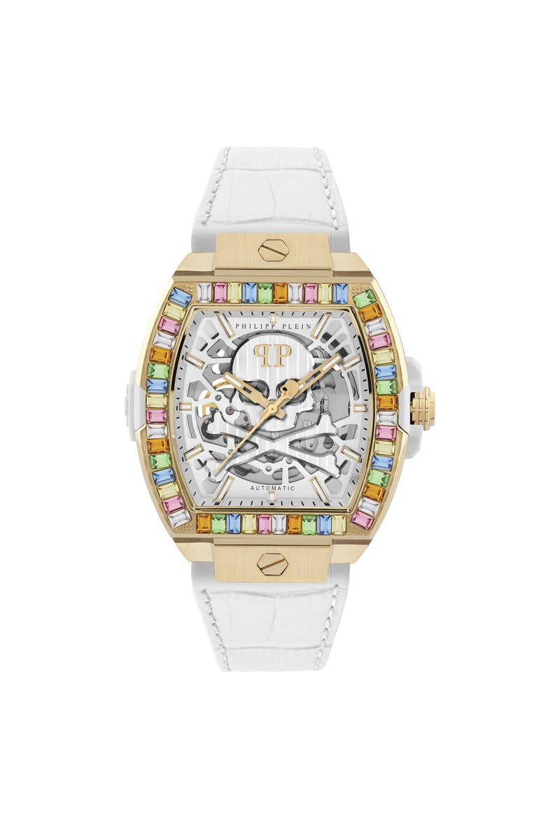 Skeleton 2.0 Multicolor Baguette Leather Strap Watch Skeleton Women, Main, color, white