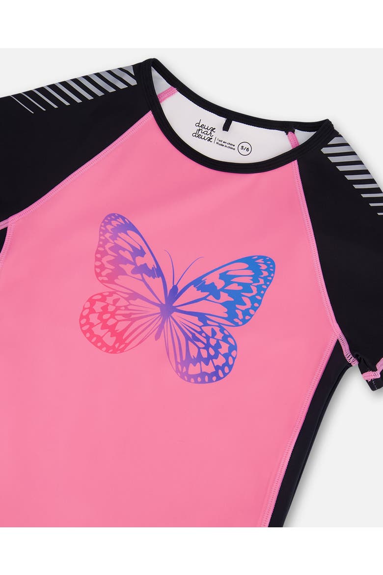 Girl's Printed Short Sleeve Athletic Top Pink With Butterflies, Alternate, color, Pink And Butterflies Printed