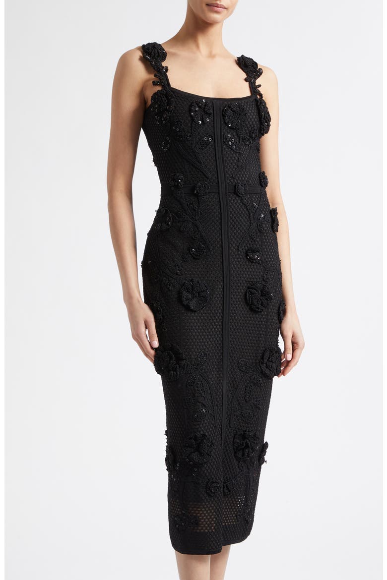 Sequin & Crochet Flower Mesh Gown, Alternate, color, BLACK