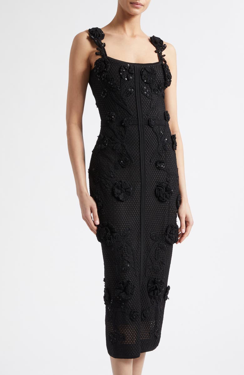 Carolina Herrera Sequin & Crochet Flower Mesh Gown, Alternate, color, Black