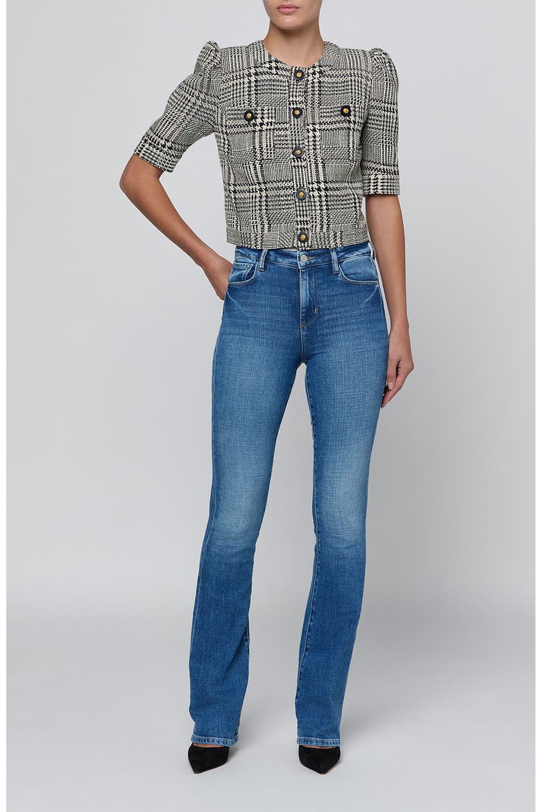 Allegra Glen Plaid Short Sleeve Cropped Jacket, Alternate, color, BLACK/ WHITE GLEN PLAID