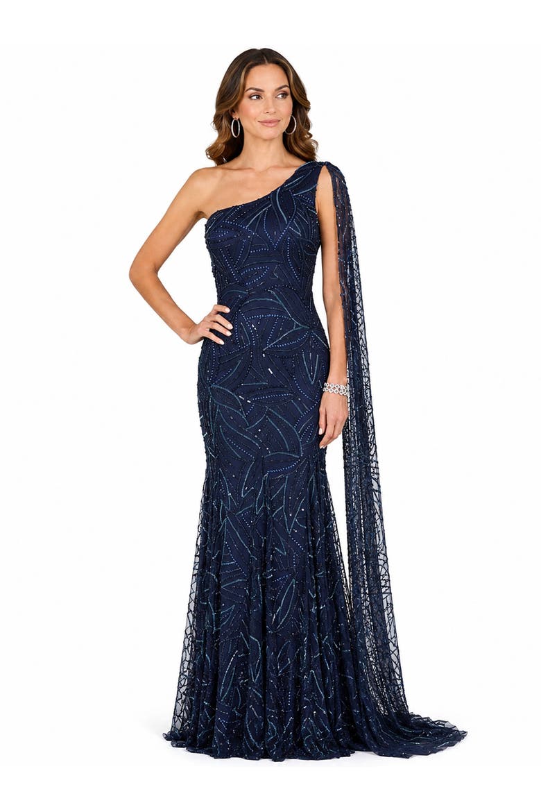 Beaded Faux-Wrap V-Neck Bridal Gown, Alternate, color, Navy