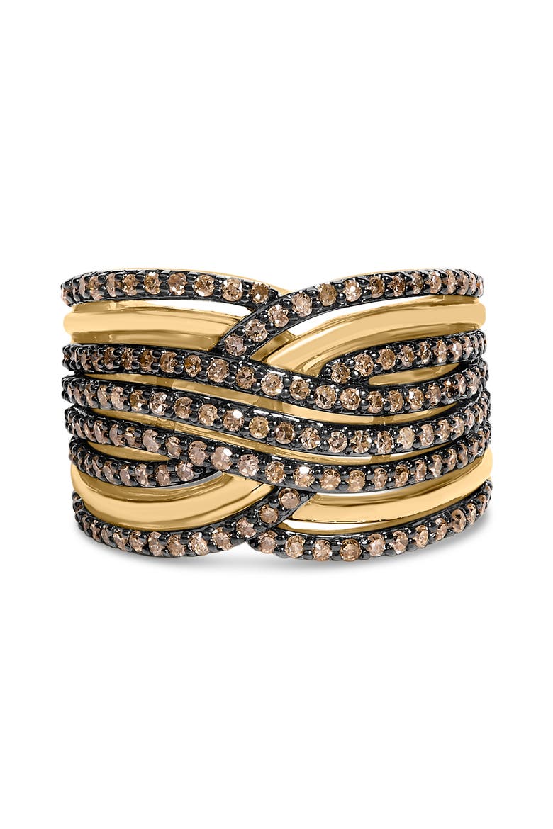 10K Yellow Gold Plated Silver 1.0 Cttw Champagne Diamond Multi Row Cross Over Band Ring, Main, color, Yellow Gold over Silver