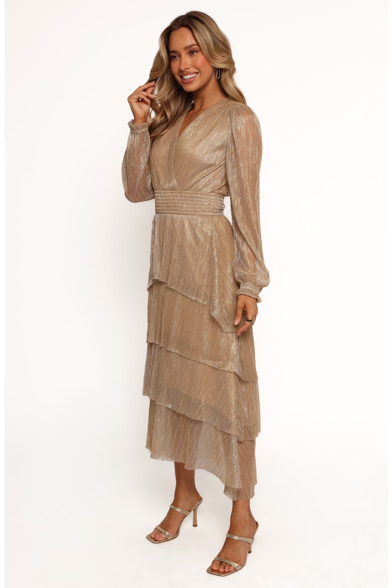Cybil Metallic Long Sleeve Tiered Midi Dress, Alternate, color, CHAMPAGNE GOLD