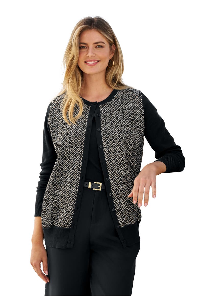 Jessica London Fine Gauge Eyelet Cardigan, Main, color, Black Gold