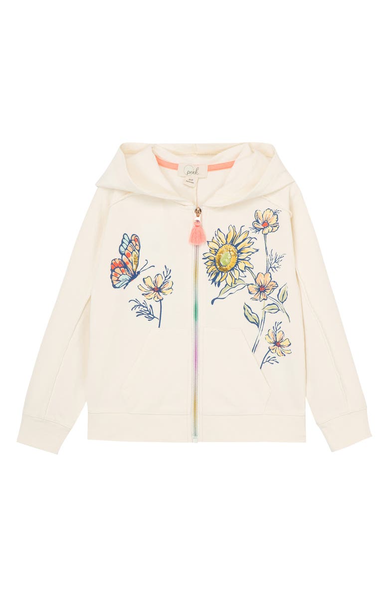 Peek Aren't You Curious Kids' Butterflies & Blooms Cotton Graphic Zip-Up Hoodie, Main, color, 