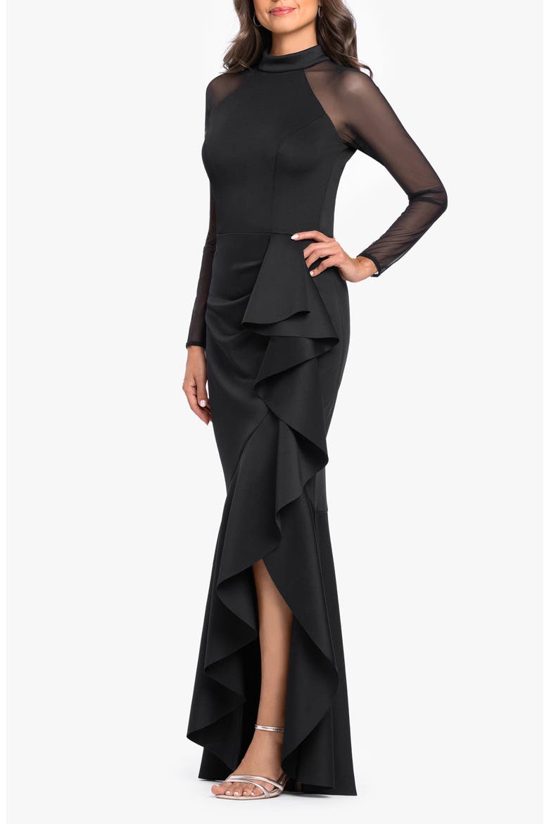 Scuba & Mesh Long Sleeve High-Low Gown, Alternate, color, BLACK